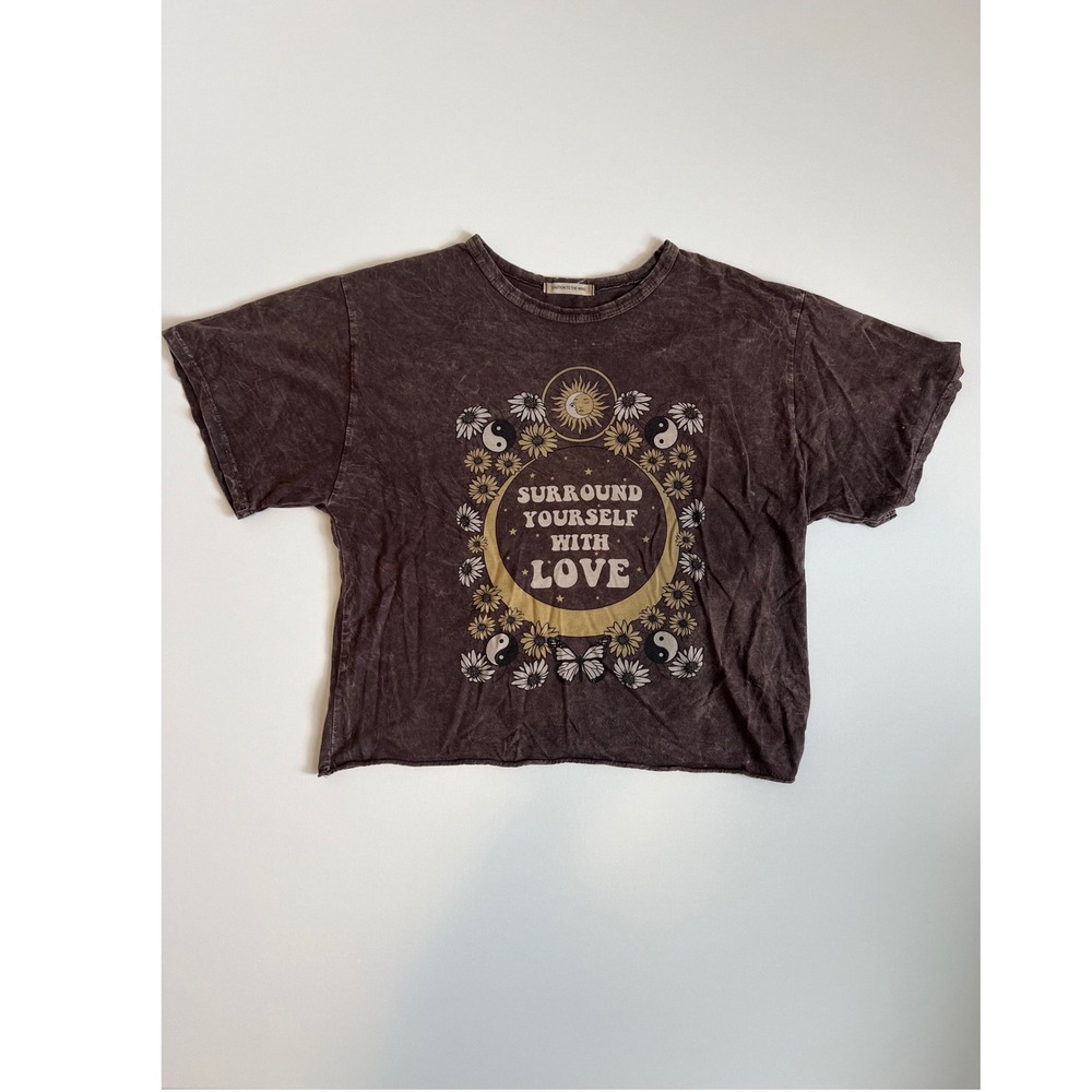 Caution To The Wind Brown Mineral Wash Graphic Crop T-Shirt Medium